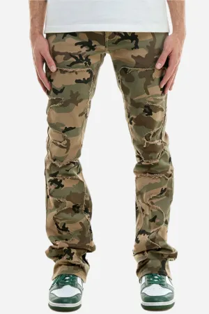 Symmetrical Patched Camo Pants - Stacked Flare Khaki Jeans