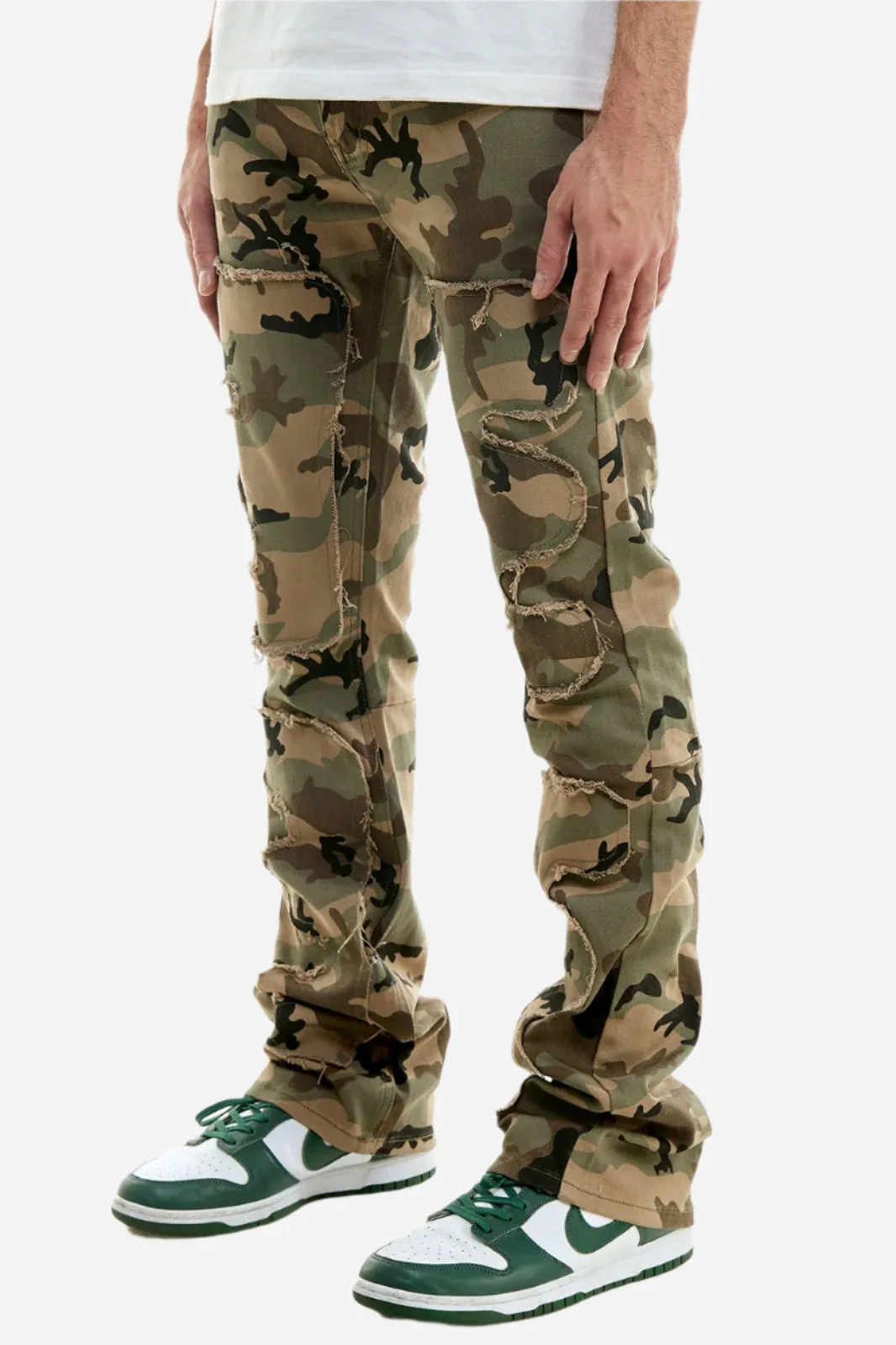 Symmetrical Patched Camo Pants - Stacked Flare Khaki Jeans
