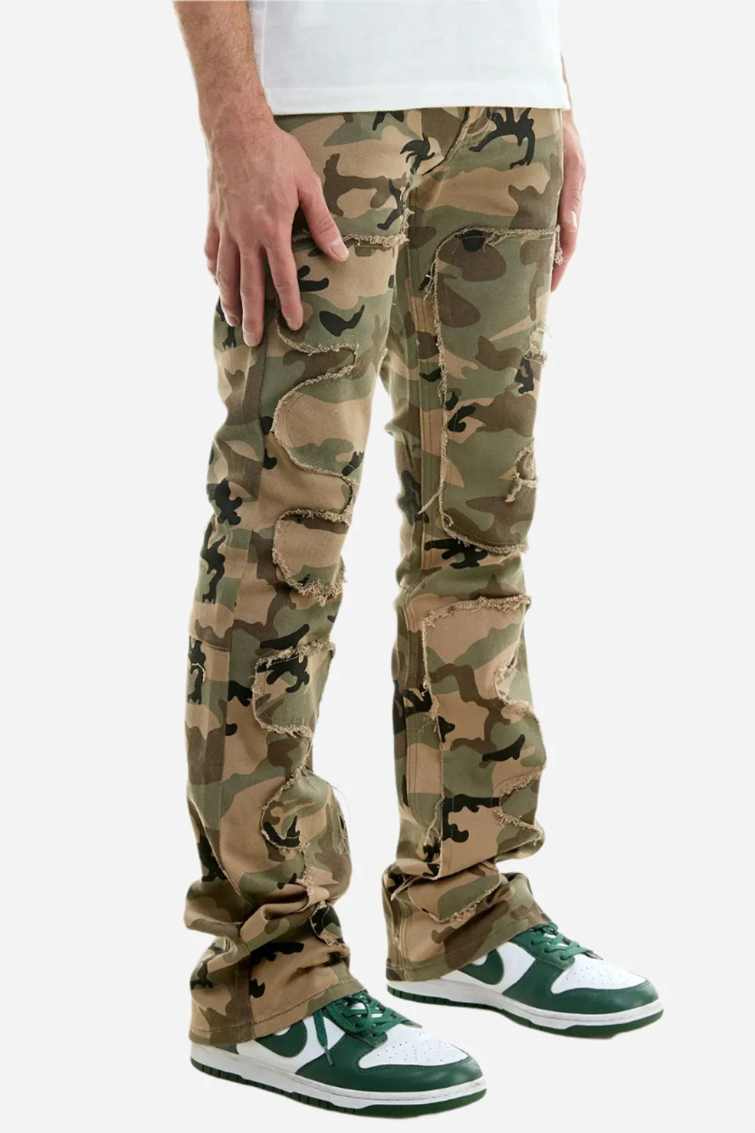 Symmetrical Patched Camo Pants - Stacked Flare Khaki Jeans