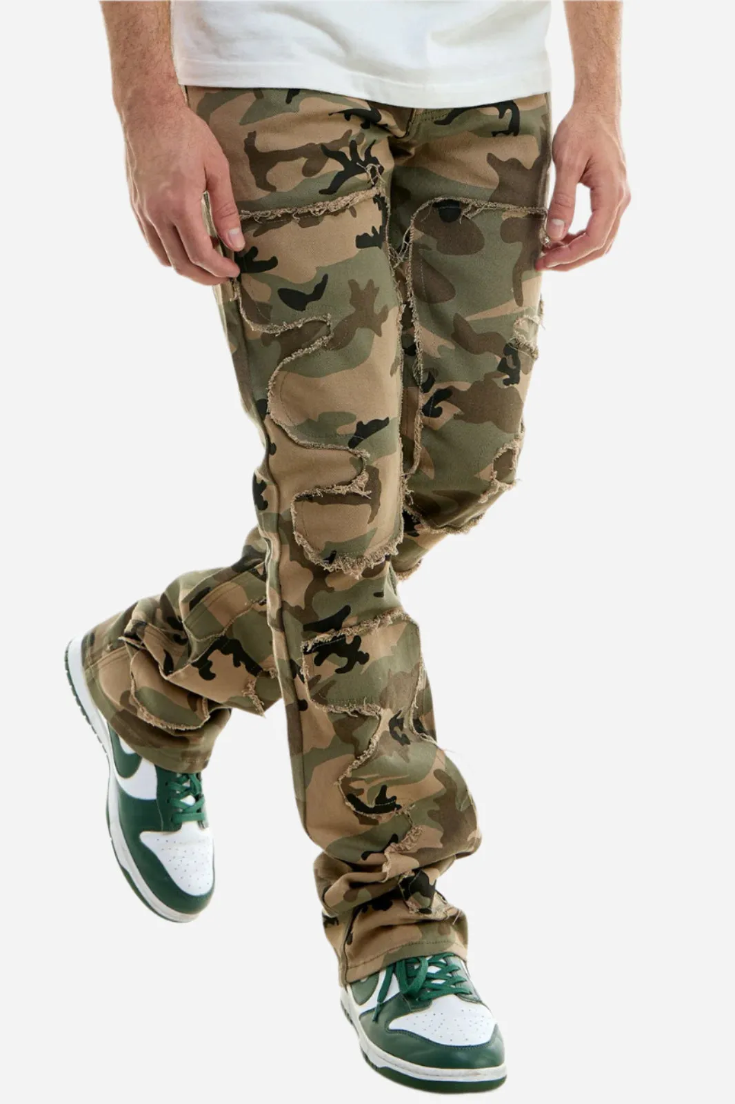 Symmetrical Patched Camo Pants - Stacked Flare Khaki Jeans