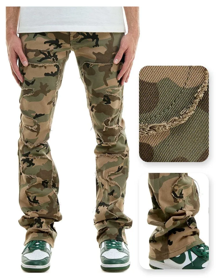 Symmetrical Patched Camo Pants - Stacked Flare Khaki Jeans