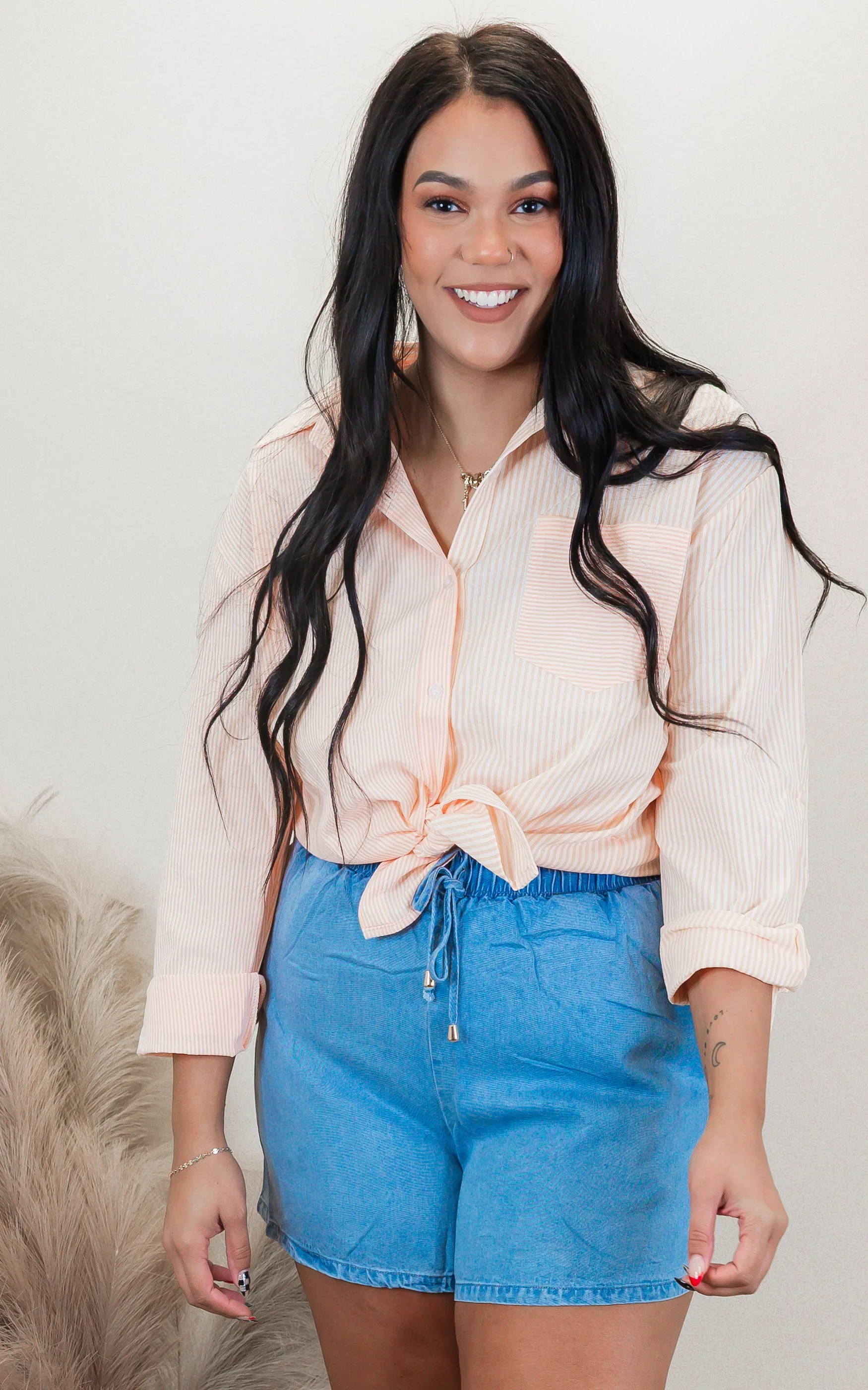 Tangerine Stripe Cotton Blend Button Up Blouse Top