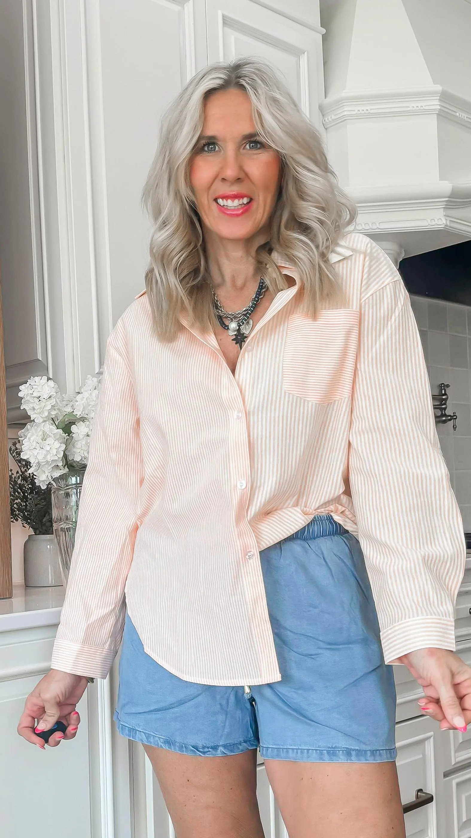 Tangerine Stripe Cotton Blend Button Up Blouse Top