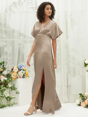 Taupe V-Neck Short Sleeve Satin Maxi Bridesmaid Dress With Slit