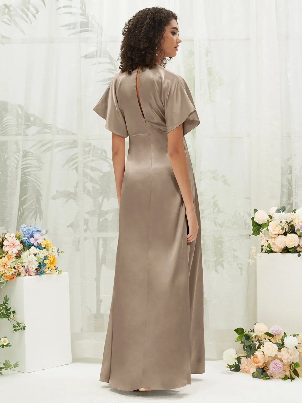Taupe V-Neck Short Sleeve Satin Maxi Bridesmaid Dress With Slit