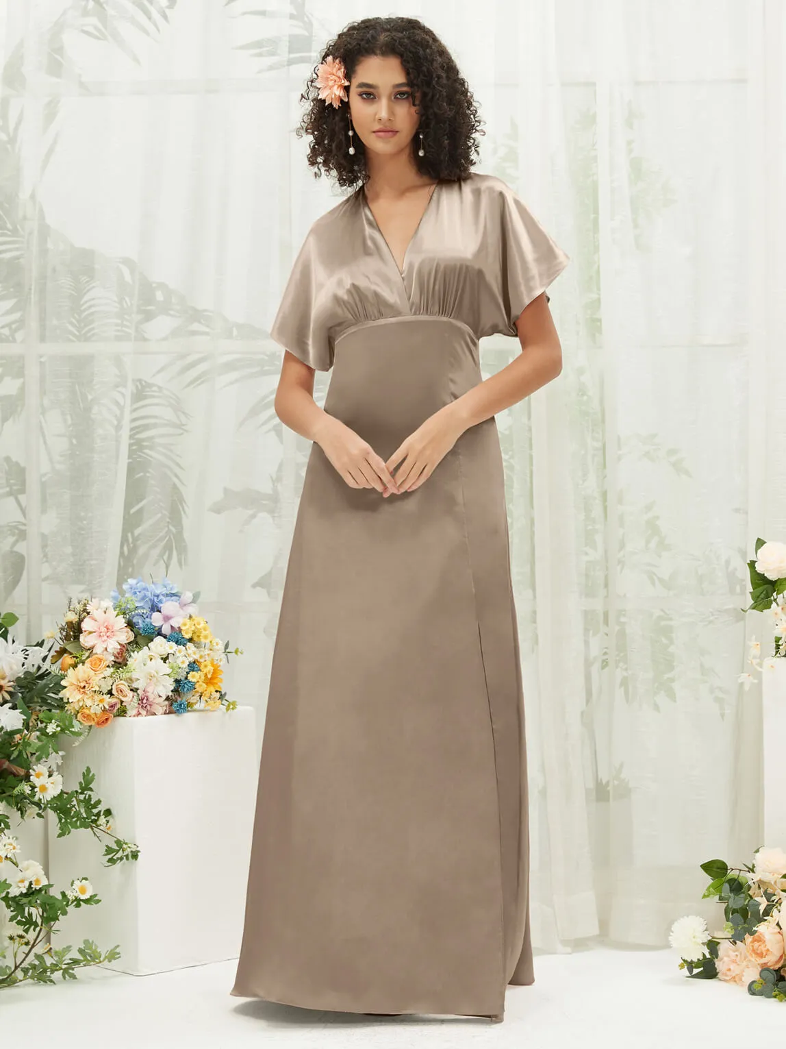 Taupe V-Neck Short Sleeve Satin Maxi Bridesmaid Dress With Slit
