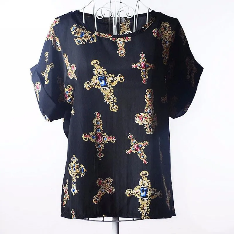 Tribal Bird Plaid Print Batwing Short Sleeve Chiffon Blouses Women Fashion Ladies White Shirt Tunic Tops