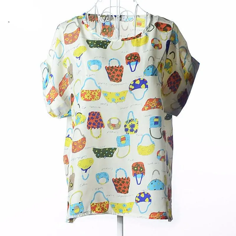 Tribal Bird Plaid Print Batwing Short Sleeve Chiffon Blouses Women Fashion Ladies White Shirt Tunic Tops