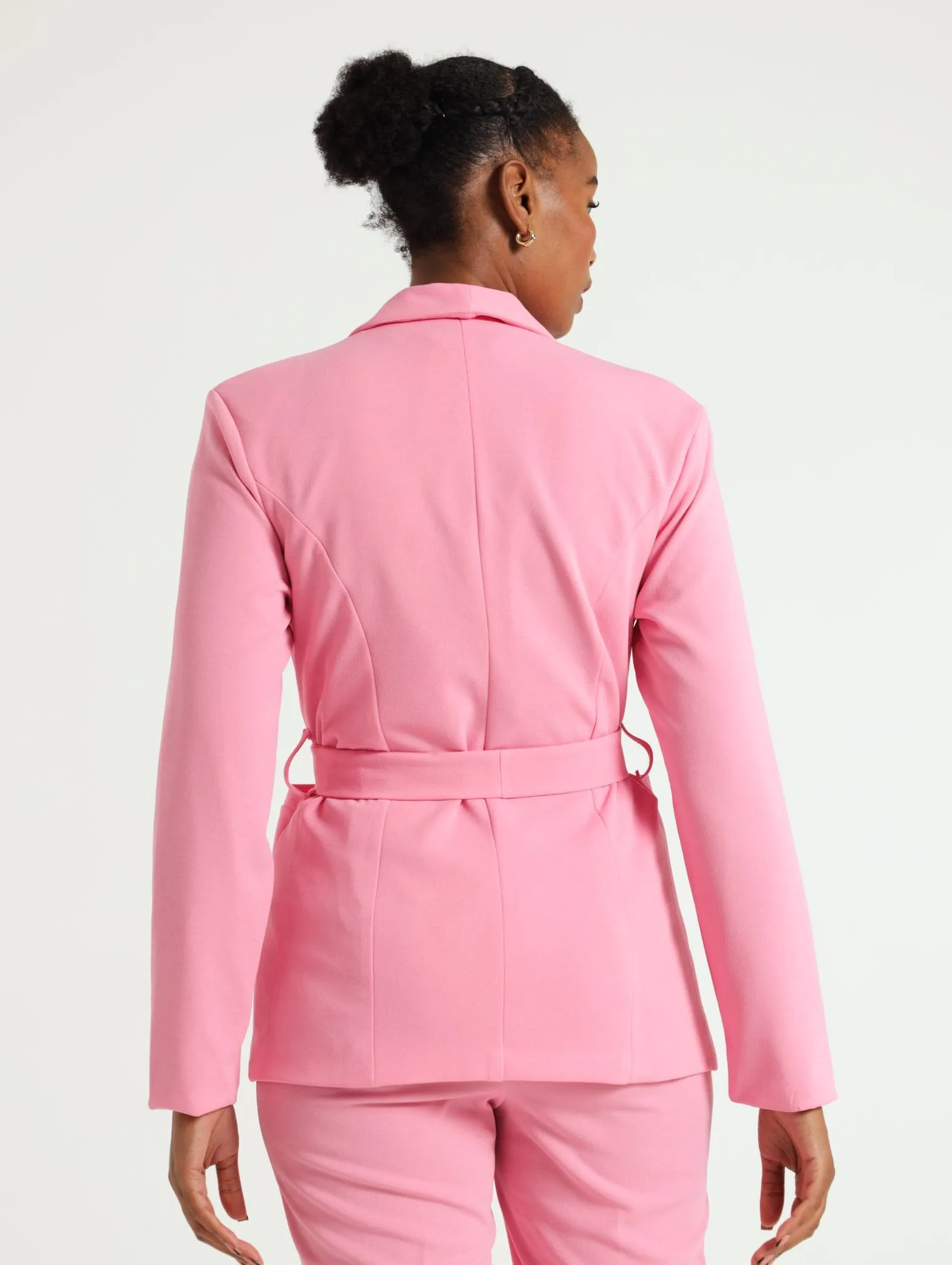 Tuxedo Collar Blazer With Belt - Pink