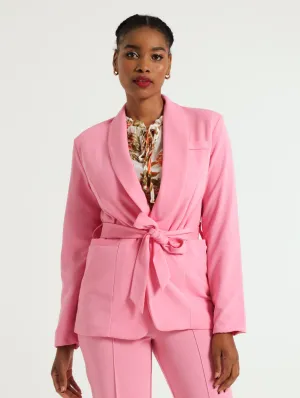 Tuxedo Collar Blazer With Belt - Pink