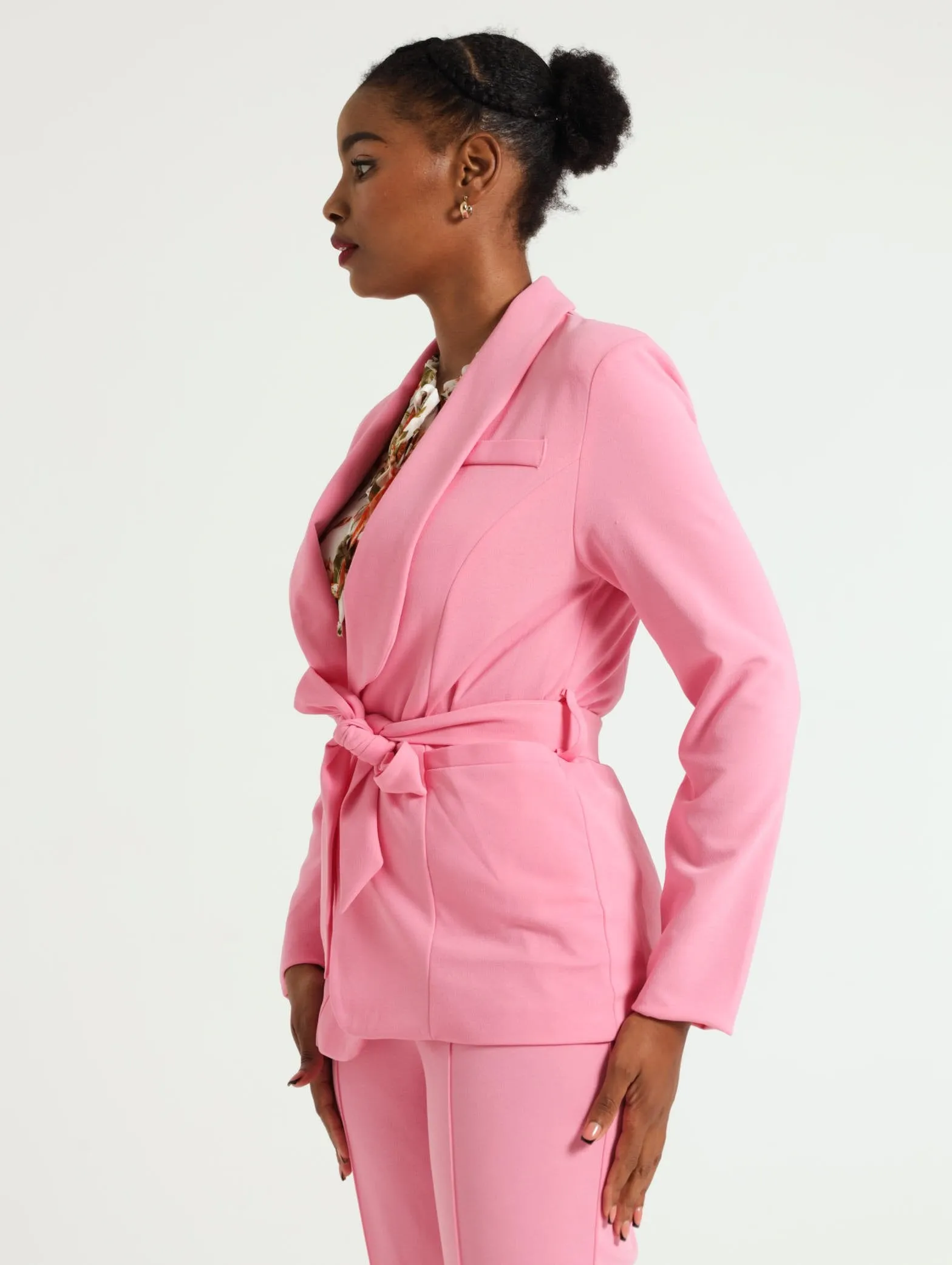 Tuxedo Collar Blazer With Belt - Pink