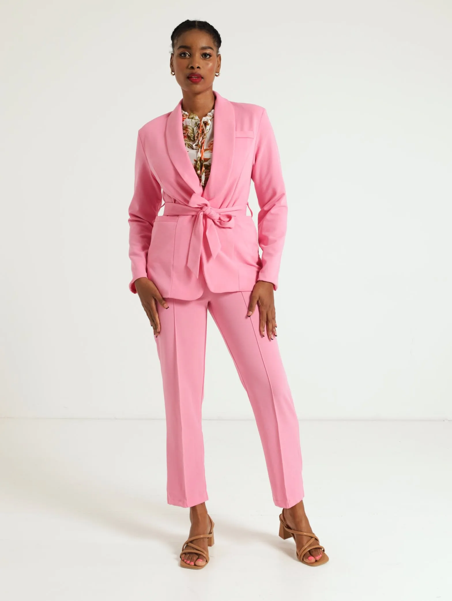 Tuxedo Collar Blazer With Belt - Pink
