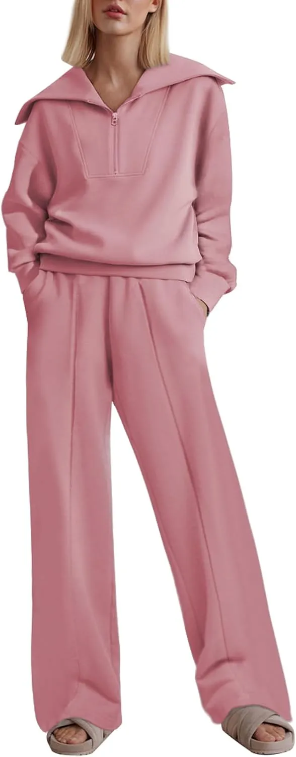 Two Piece Outfits Half Zip Sweatshirt Sweatsuit Lounge Sets for Women Matching Set Wide Leg Sweatpant Tracksuit