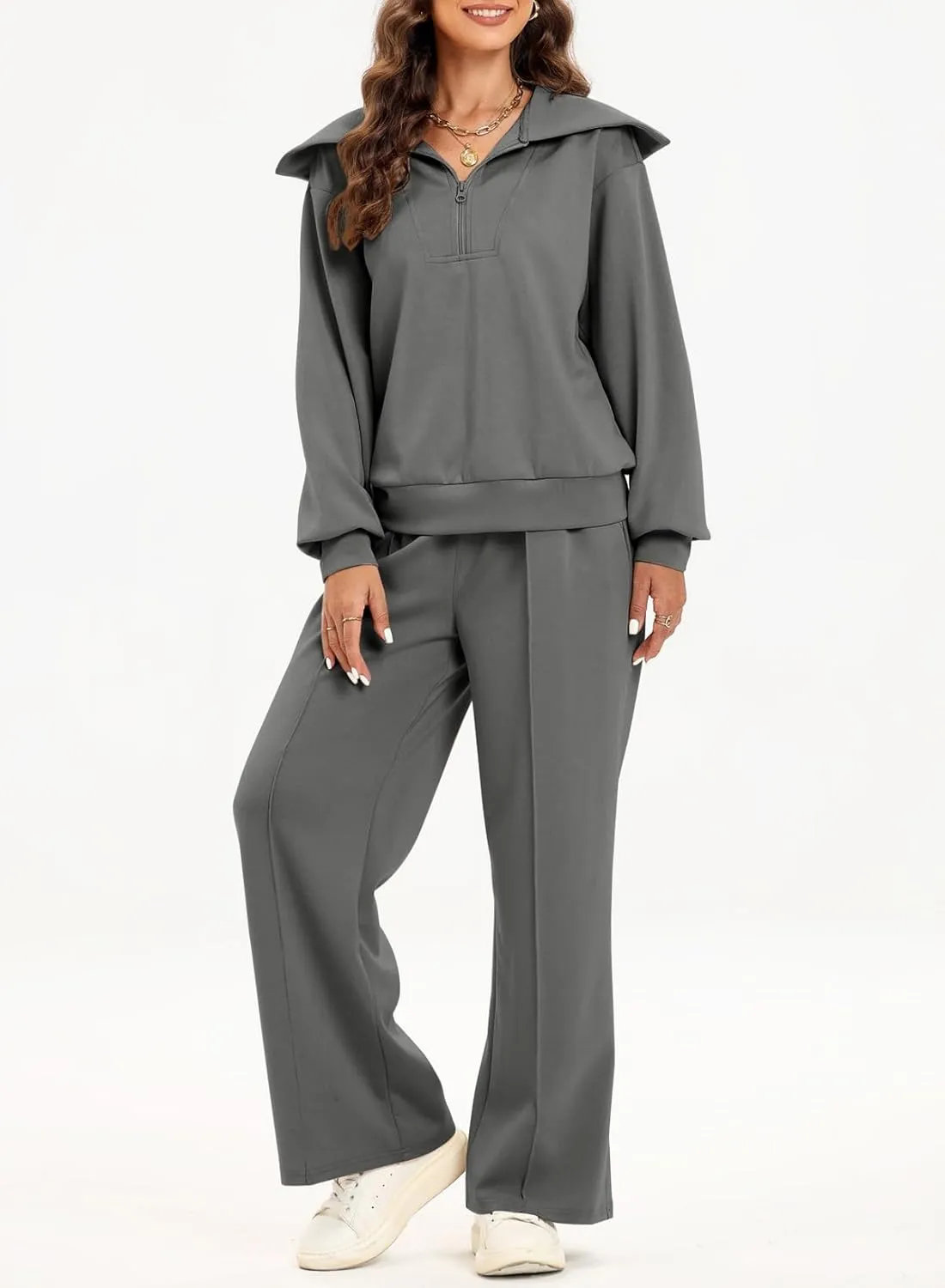 Two Piece Outfits Half Zip Sweatshirt Sweatsuit Lounge Sets for Women Matching Set Wide Leg Sweatpant Tracksuit