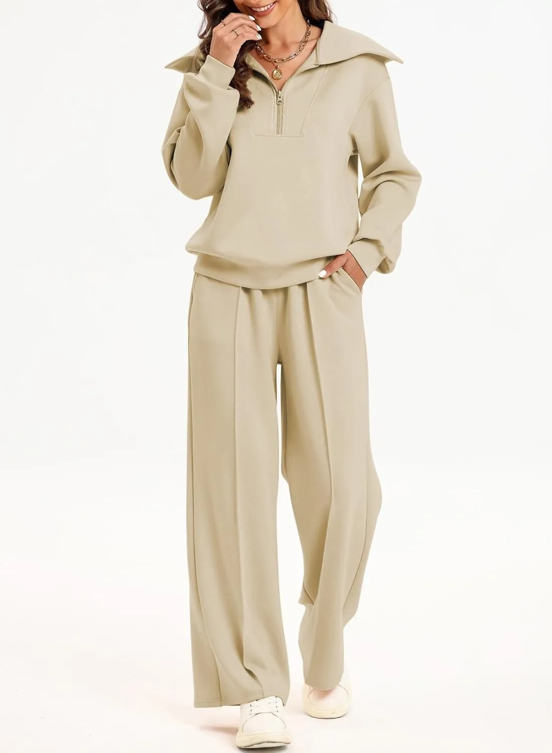 Two Piece Outfits Half Zip Sweatshirt Sweatsuit Lounge Sets for Women Matching Set Wide Leg Sweatpant Tracksuit