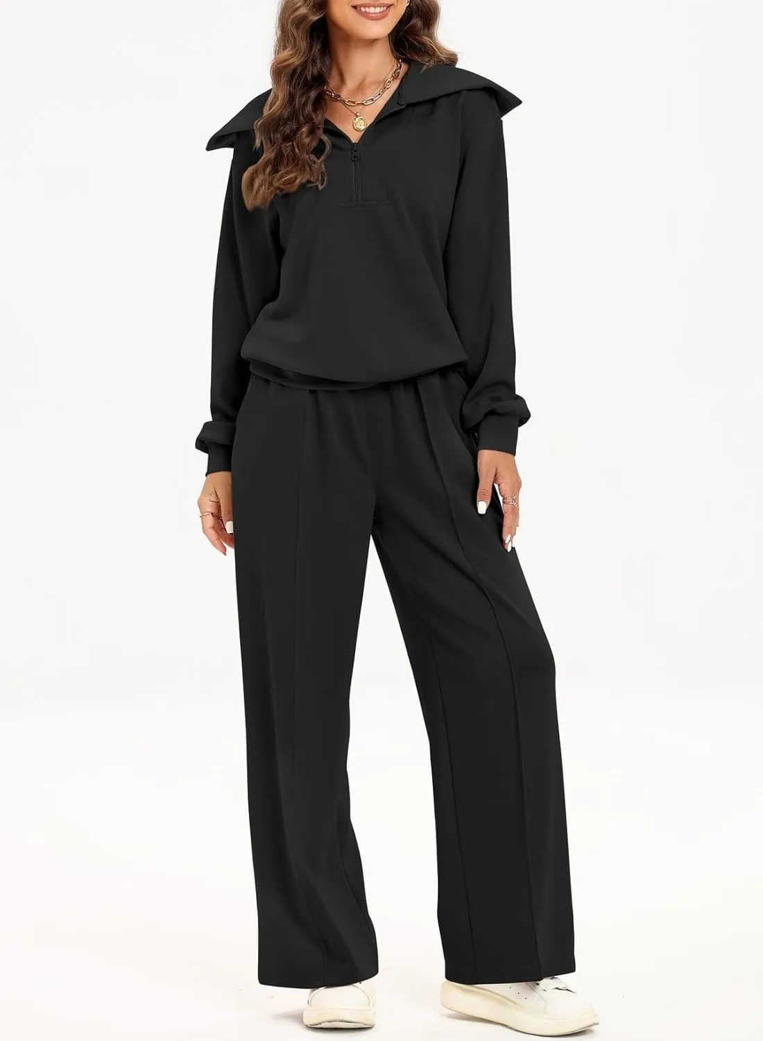 Two Piece Outfits Half Zip Sweatshirt Sweatsuit Lounge Sets for Women Matching Set Wide Leg Sweatpant Tracksuit