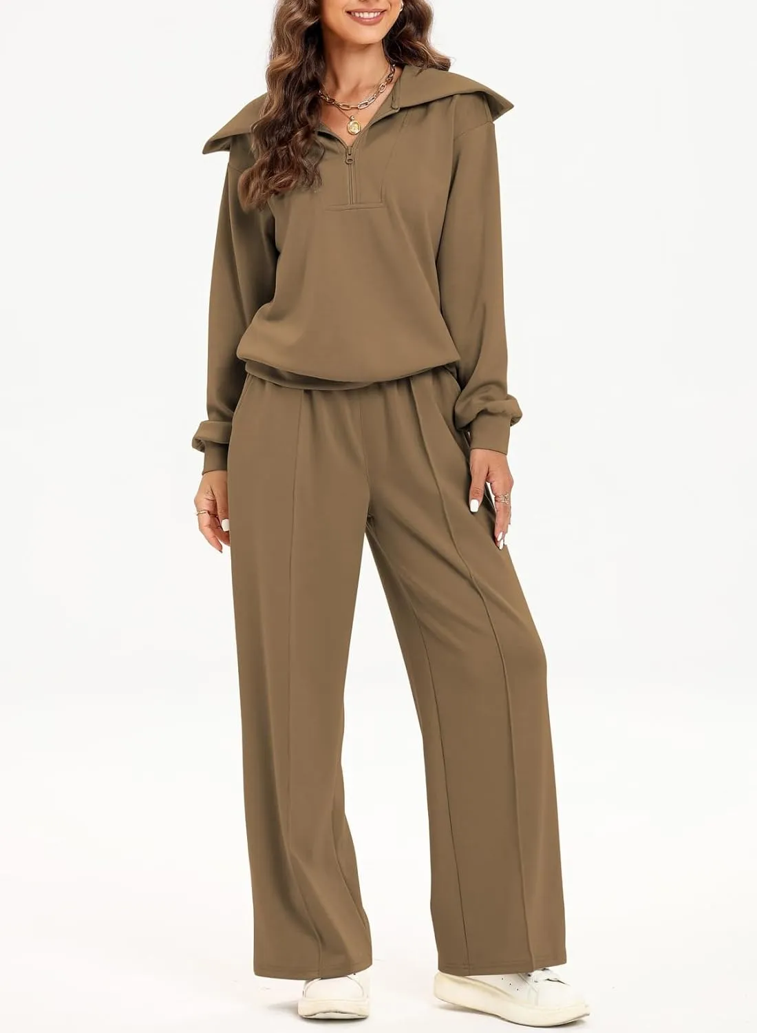 Two Piece Outfits Half Zip Sweatshirt Sweatsuit Lounge Sets for Women Matching Set Wide Leg Sweatpant Tracksuit