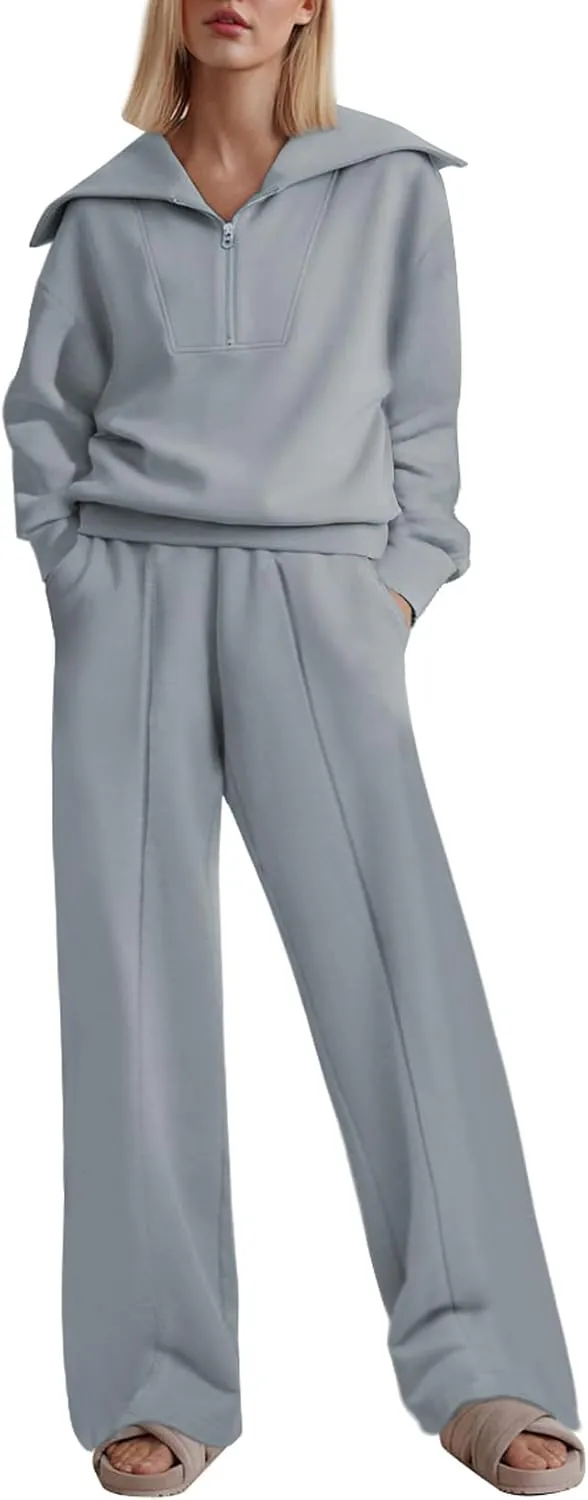 Two Piece Outfits Half Zip Sweatshirt Sweatsuit Lounge Sets for Women Matching Set Wide Leg Sweatpant Tracksuit
