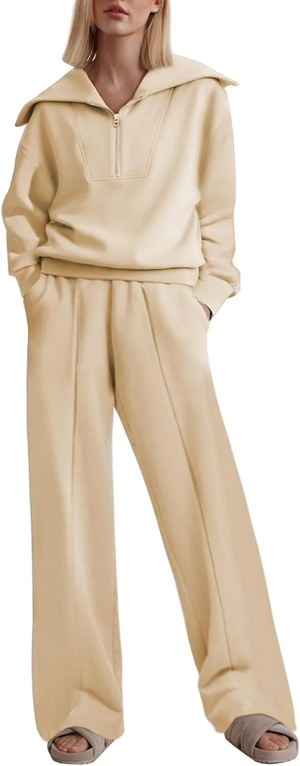 Two Piece Outfits Half Zip Sweatshirt Sweatsuit Lounge Sets for Women Matching Set Wide Leg Sweatpant Tracksuit