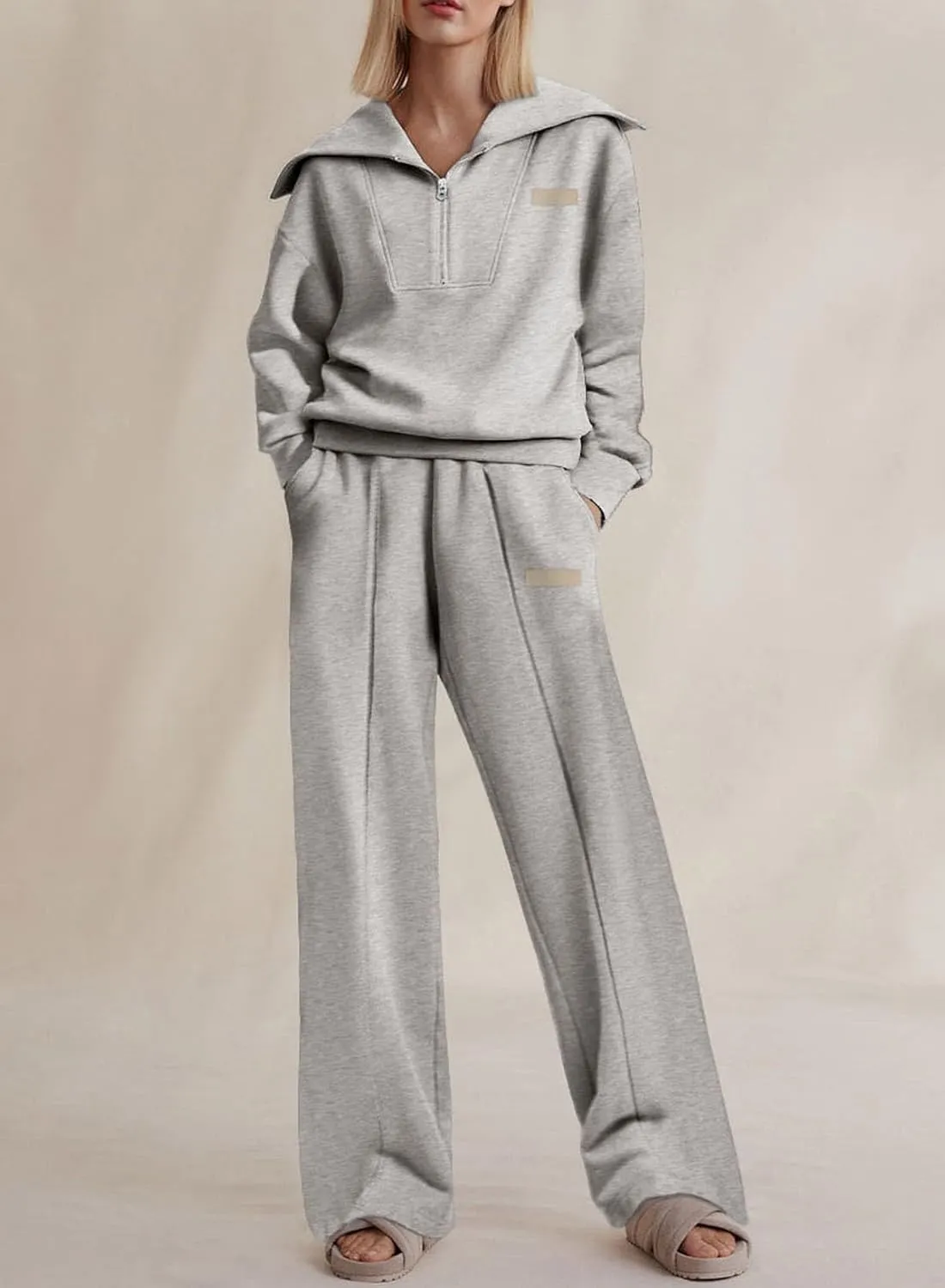 Two Piece Outfits Half Zip Sweatshirt Sweatsuit Lounge Sets for Women Matching Set Wide Leg Sweatpant Tracksuit