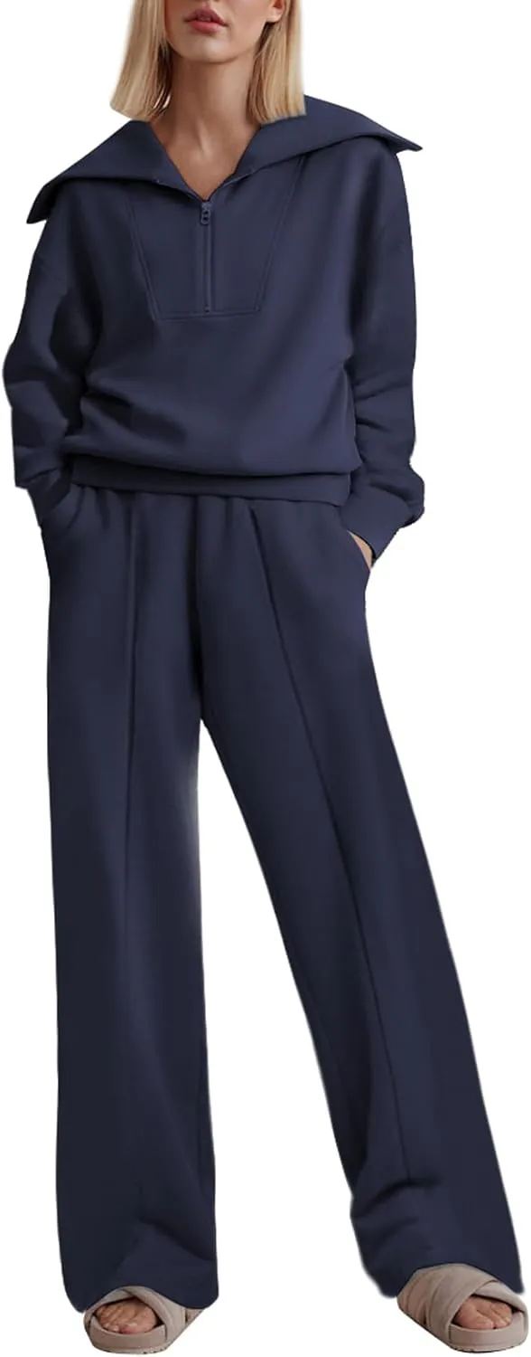 Two Piece Outfits Half Zip Sweatshirt Sweatsuit Lounge Sets for Women Matching Set Wide Leg Sweatpant Tracksuit