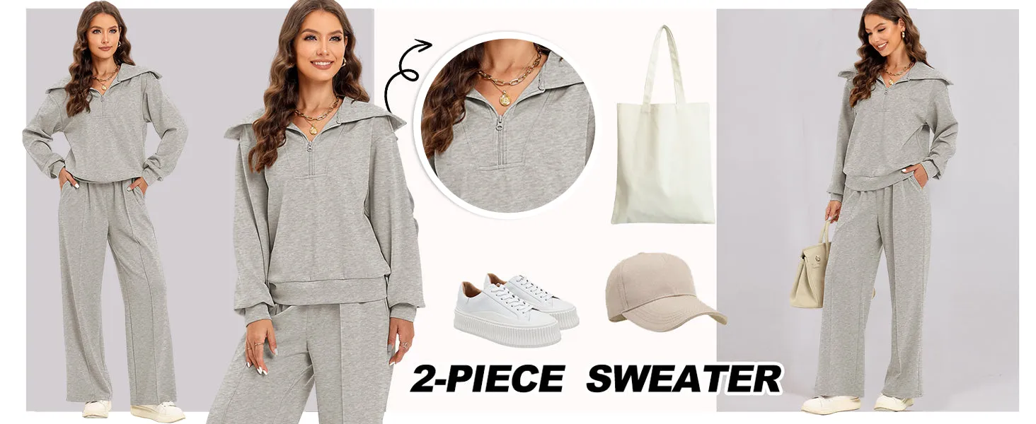 Two Piece Outfits Half Zip Sweatshirt Sweatsuit Lounge Sets for Women Matching Set Wide Leg Sweatpant Tracksuit