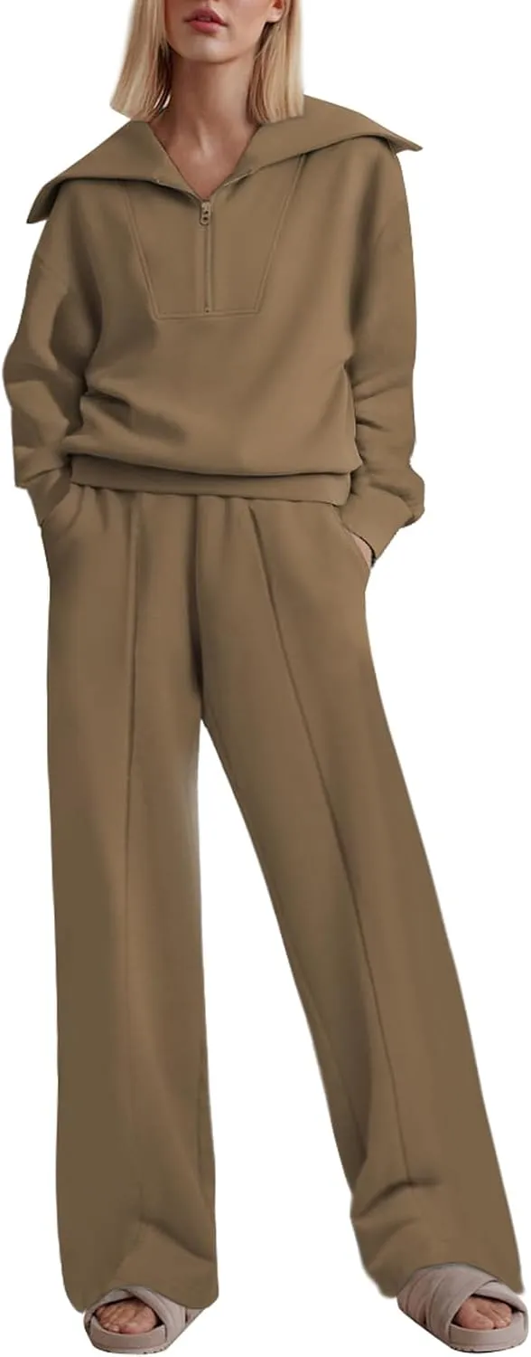 Two Piece Outfits Half Zip Sweatshirt Sweatsuit Lounge Sets for Women Matching Set Wide Leg Sweatpant Tracksuit