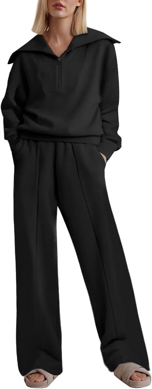 Two Piece Outfits Half Zip Sweatshirt Sweatsuit Lounge Sets for Women Matching Set Wide Leg Sweatpant Tracksuit