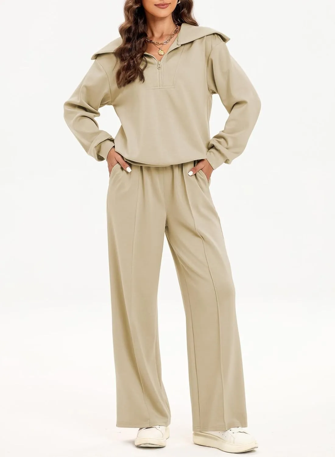 Two Piece Outfits Half Zip Sweatshirt Sweatsuit Lounge Sets for Women Matching Set Wide Leg Sweatpant Tracksuit