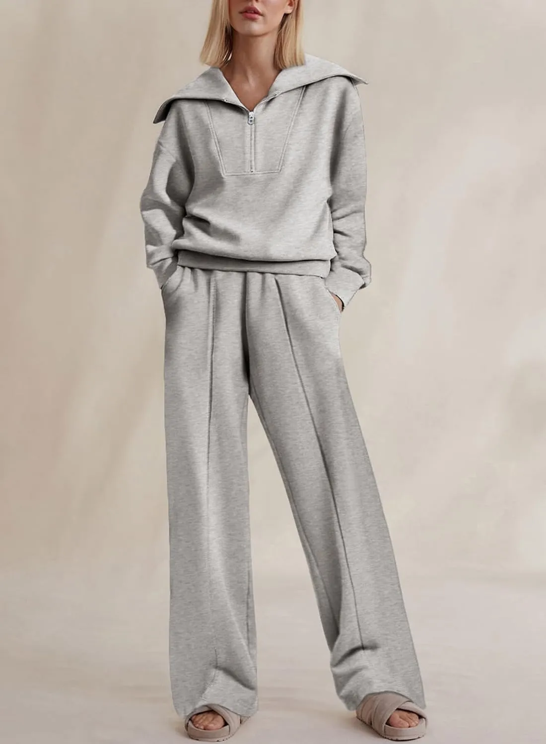 Two Piece Outfits Half Zip Sweatshirt Sweatsuit Lounge Sets for Women Matching Set Wide Leg Sweatpant Tracksuit