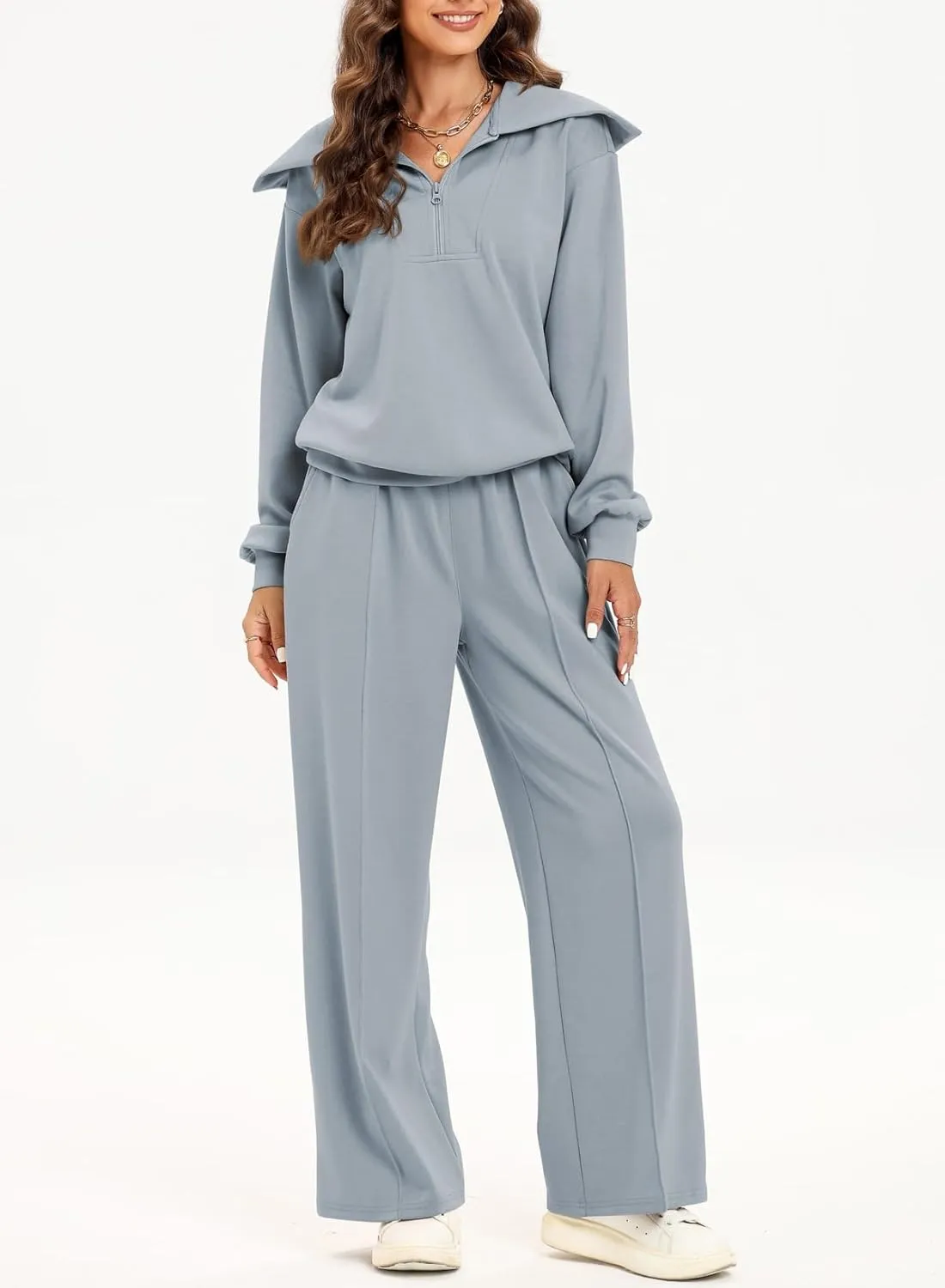 Two Piece Outfits Half Zip Sweatshirt Sweatsuit Lounge Sets for Women Matching Set Wide Leg Sweatpant Tracksuit
