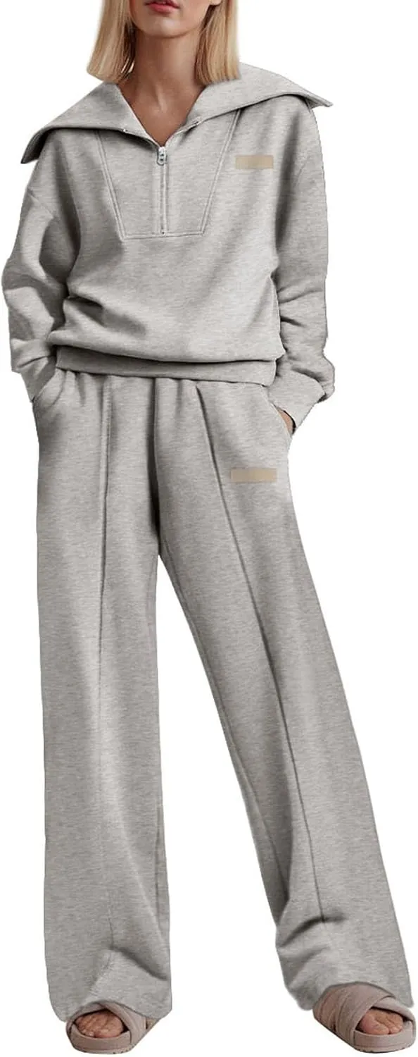 Two Piece Outfits Half Zip Sweatshirt Sweatsuit Lounge Sets for Women Matching Set Wide Leg Sweatpant Tracksuit