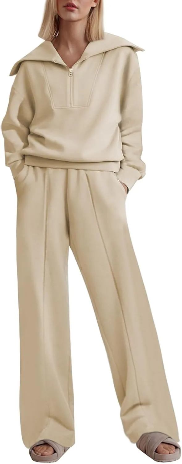Two Piece Outfits Half Zip Sweatshirt Sweatsuit Lounge Sets for Women Matching Set Wide Leg Sweatpant Tracksuit