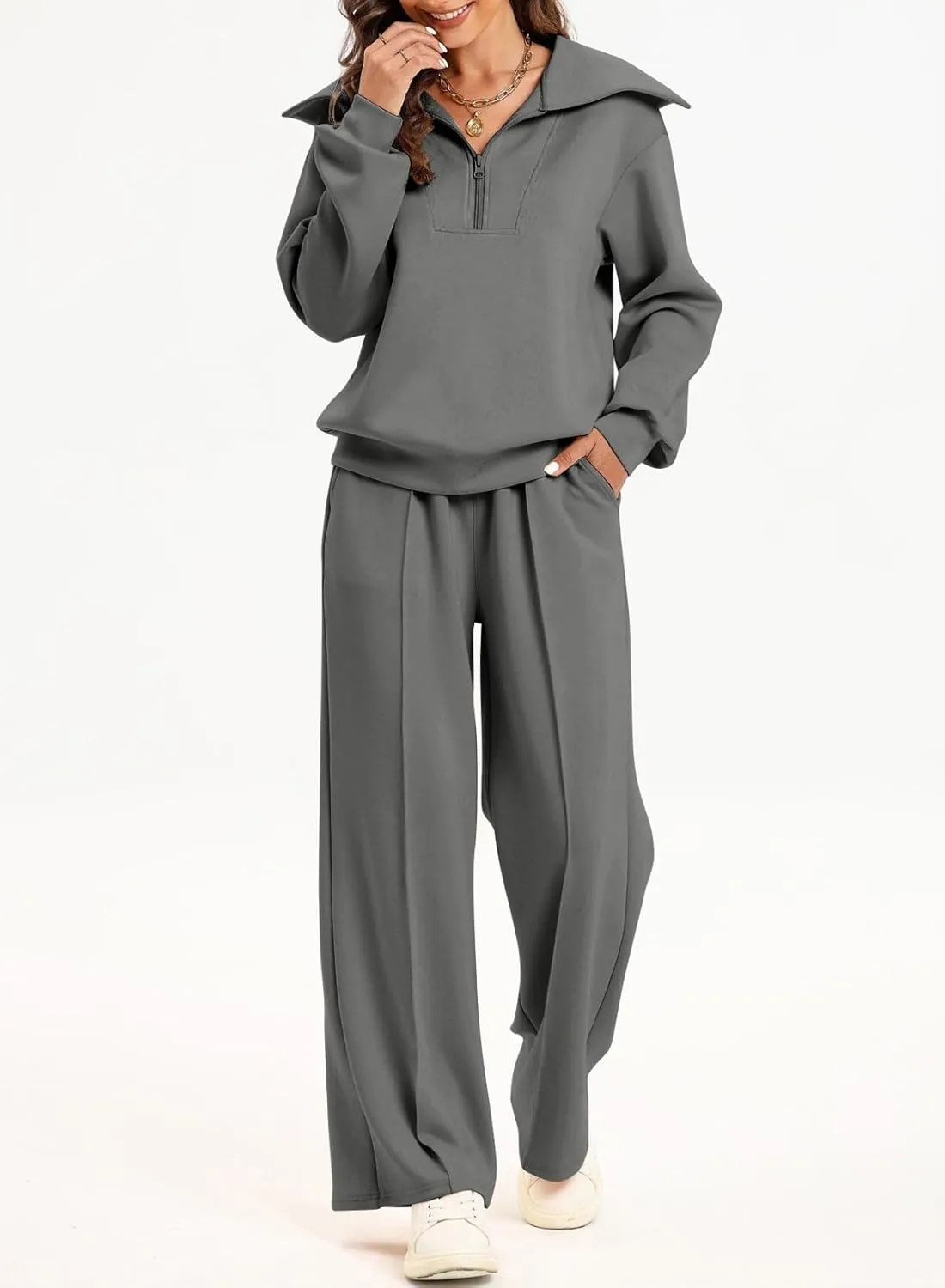 Two Piece Outfits Half Zip Sweatshirt Sweatsuit Lounge Sets for Women Matching Set Wide Leg Sweatpant Tracksuit