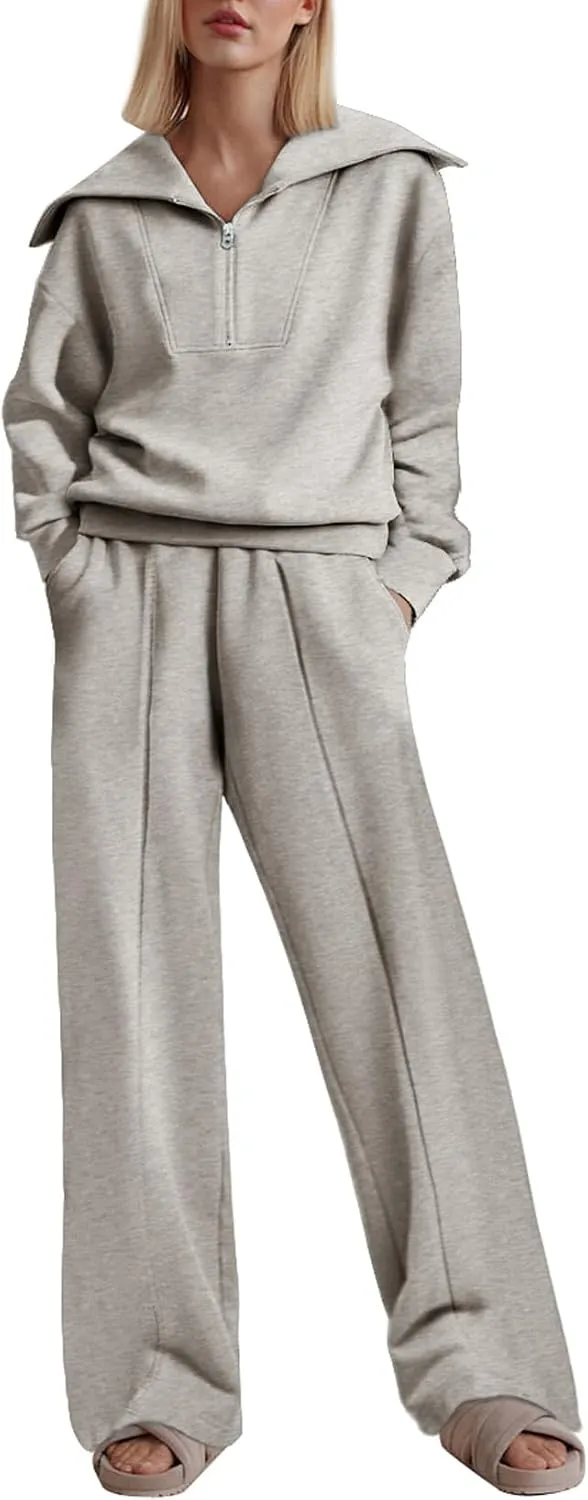 Two Piece Outfits Half Zip Sweatshirt Sweatsuit Lounge Sets for Women Matching Set Wide Leg Sweatpant Tracksuit