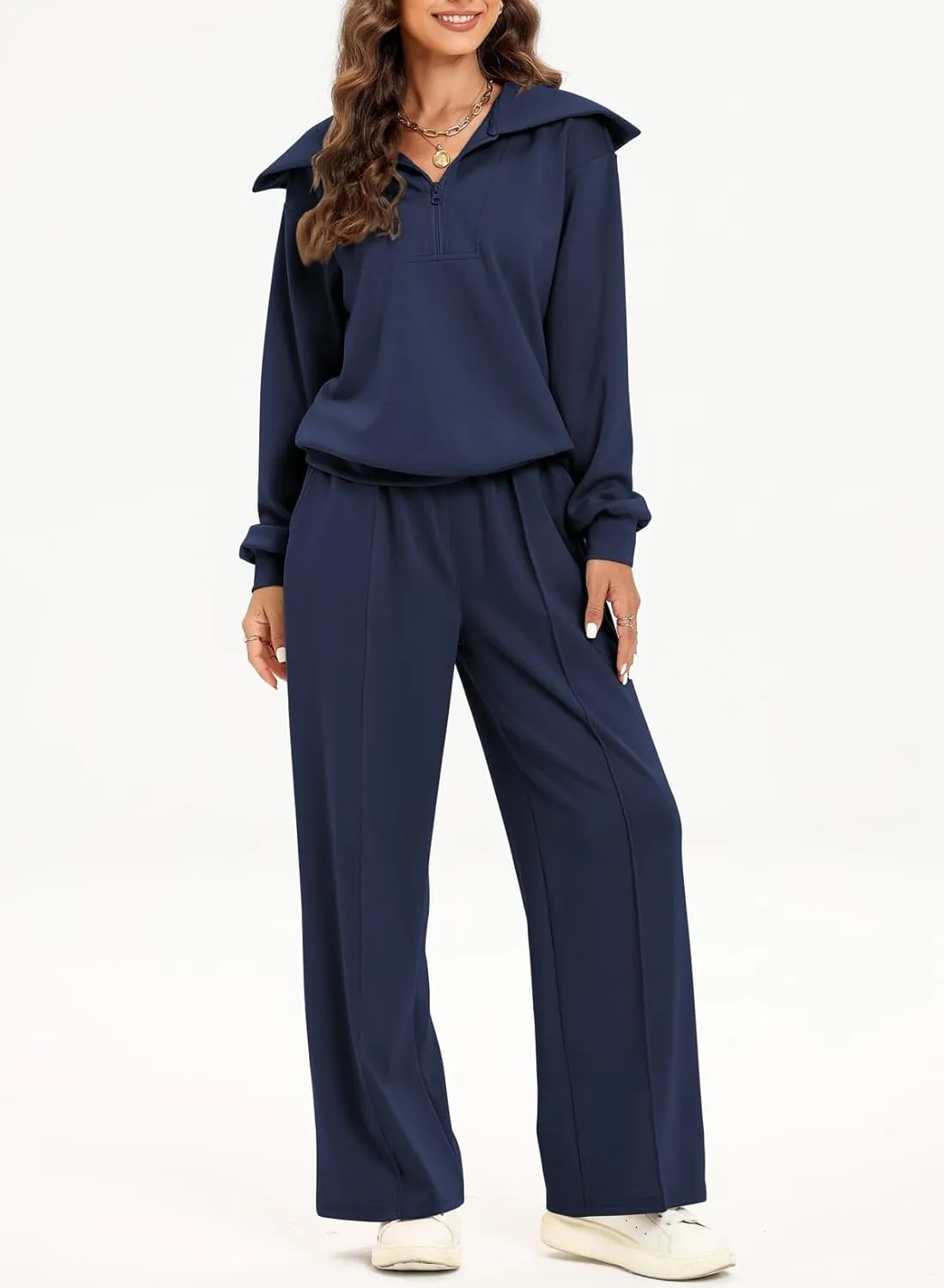 Two Piece Outfits Half Zip Sweatshirt Sweatsuit Lounge Sets for Women Matching Set Wide Leg Sweatpant Tracksuit