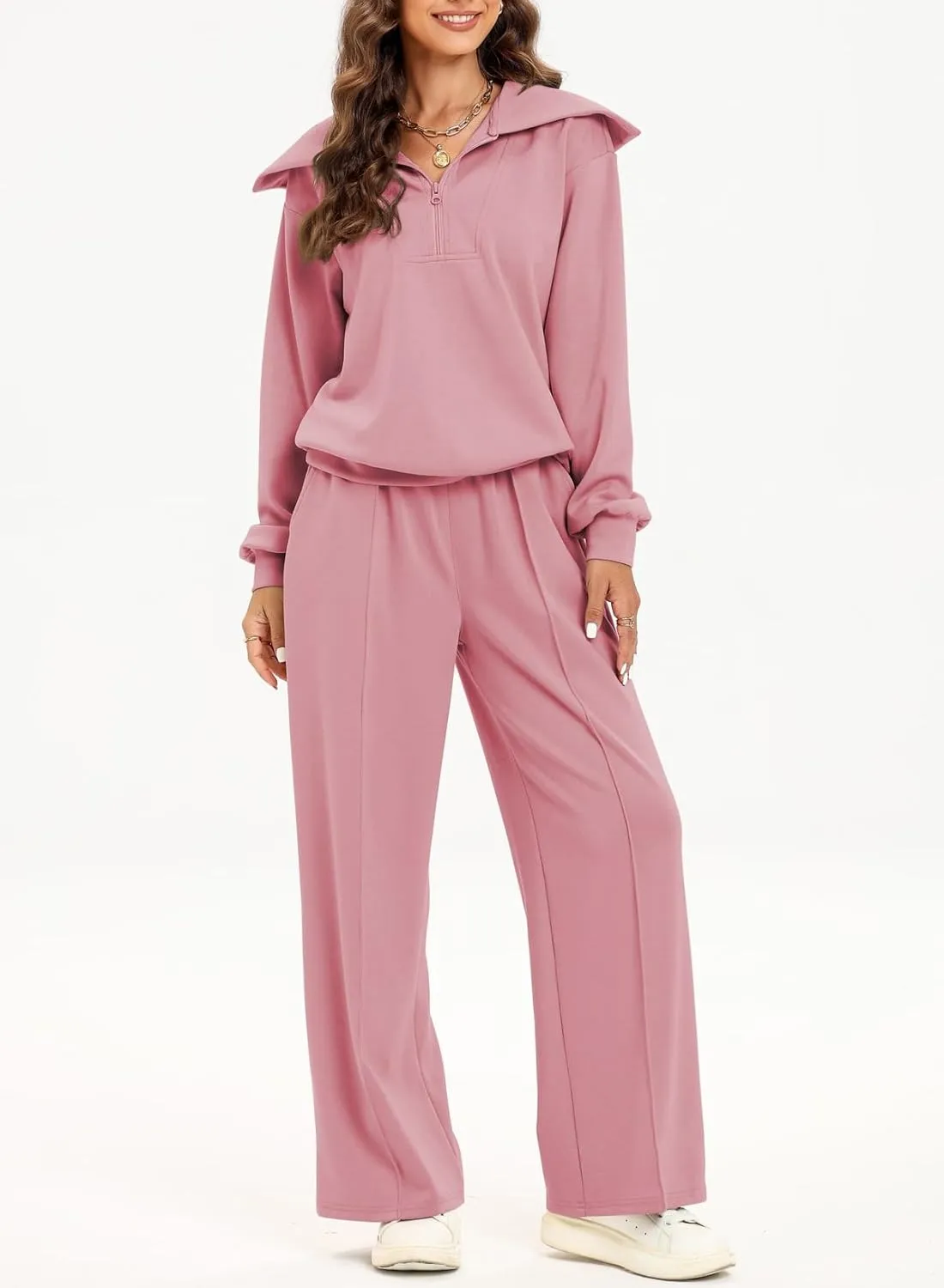 Two Piece Outfits Half Zip Sweatshirt Sweatsuit Lounge Sets for Women Matching Set Wide Leg Sweatpant Tracksuit