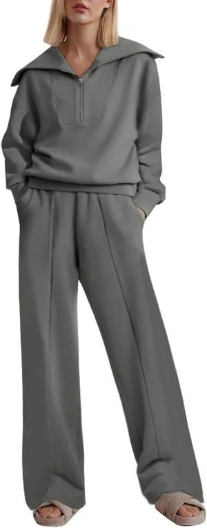 Two Piece Outfits Half Zip Sweatshirt Sweatsuit Lounge Sets for Women Matching Set Wide Leg Sweatpant Tracksuit