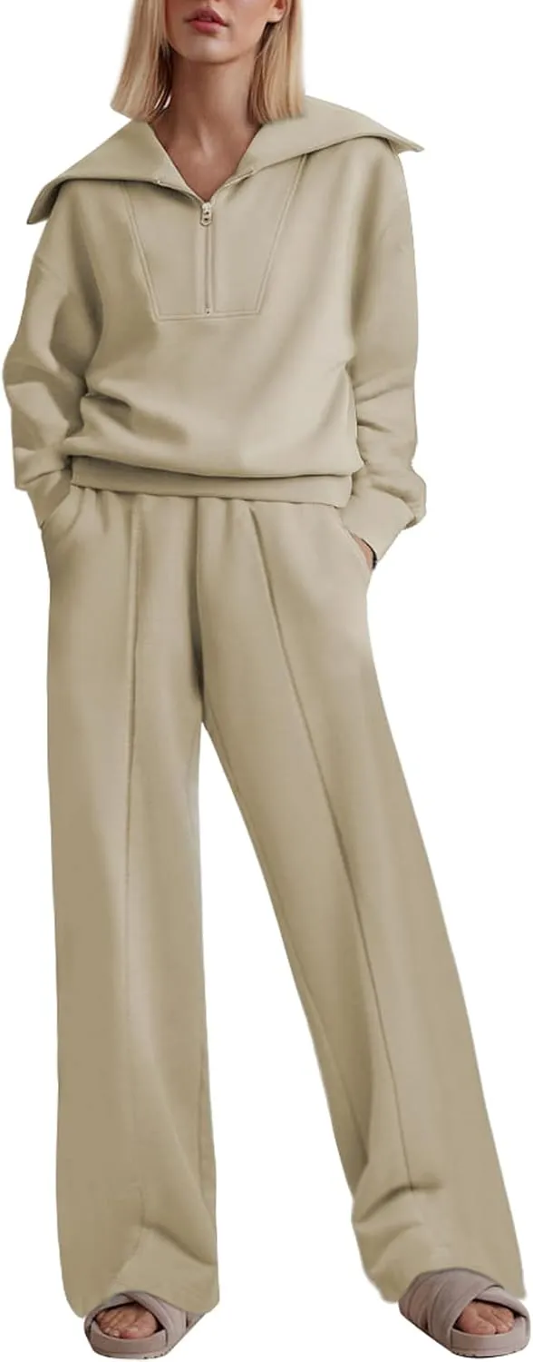 Two Piece Outfits Half Zip Sweatshirt Sweatsuit Lounge Sets for Women Matching Set Wide Leg Sweatpant Tracksuit