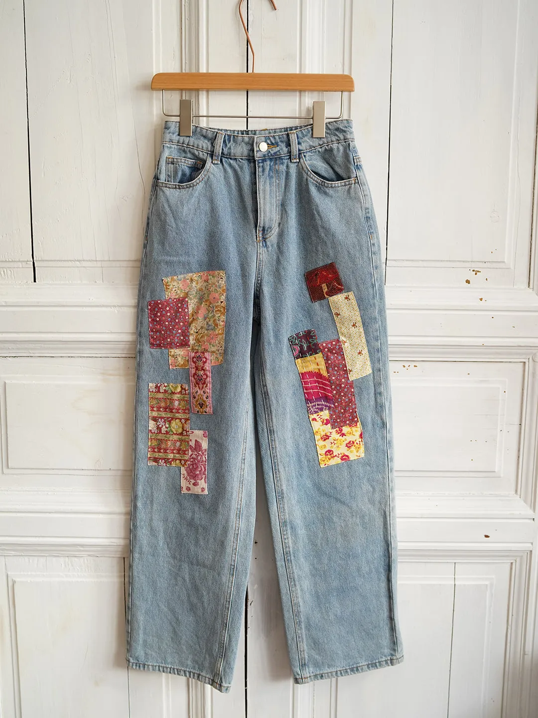 Unlogical Poem Print Fabric Collage Jeans