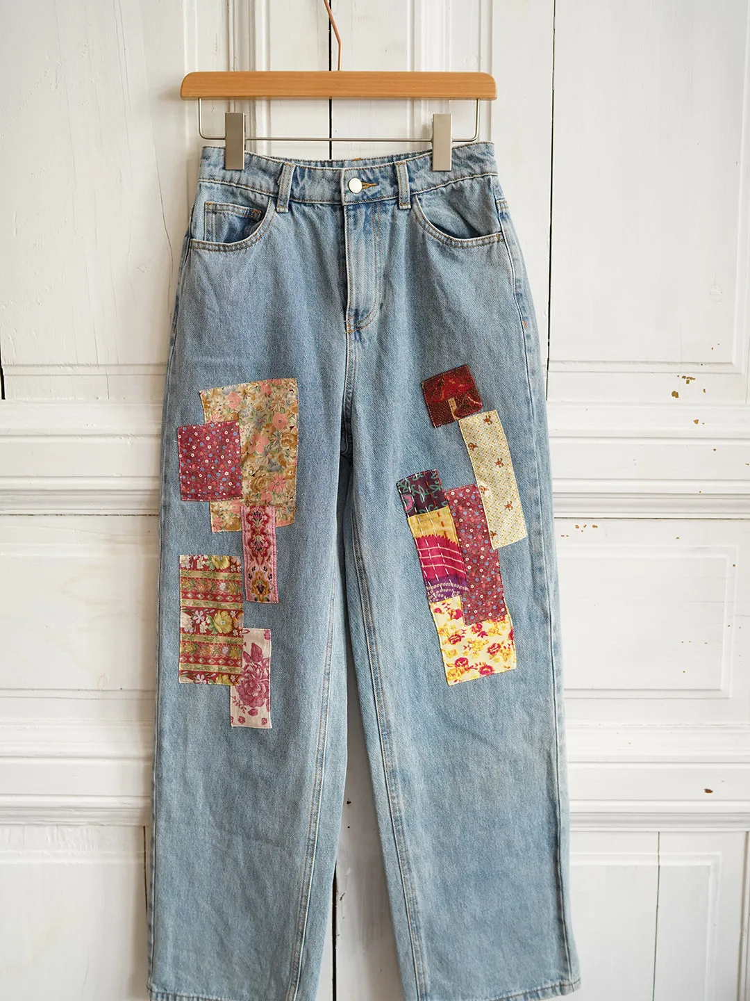 Unlogical Poem Print Fabric Collage Jeans