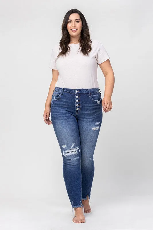 VERVET by Flying Monkey PLUS High Rise Patched Button Up Distressed Skinny Jeans