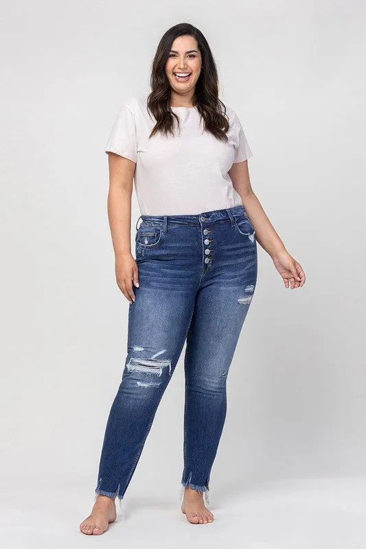 VERVET by Flying Monkey PLUS High Rise Patched Button Up Distressed Skinny Jeans