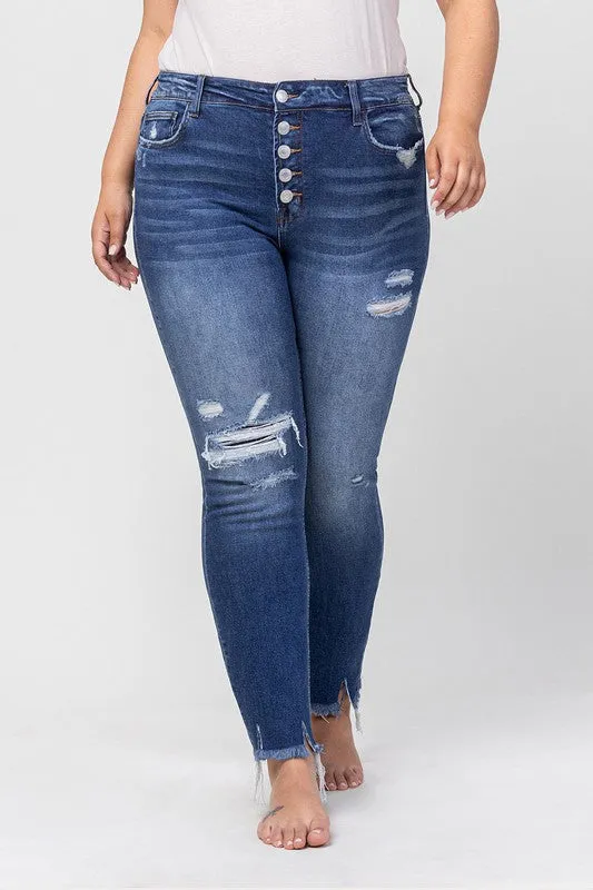 VERVET by Flying Monkey PLUS High Rise Patched Button Up Distressed Skinny Jeans