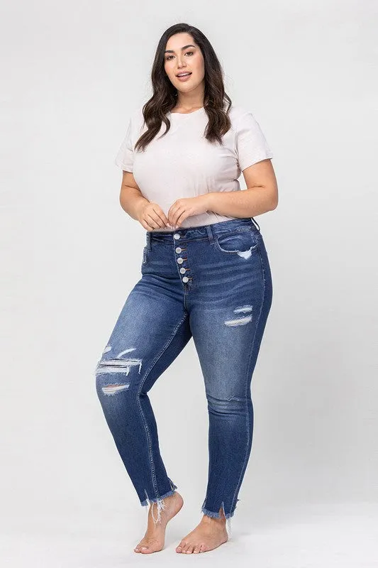 VERVET by Flying Monkey PLUS High Rise Patched Button Up Distressed Skinny Jeans