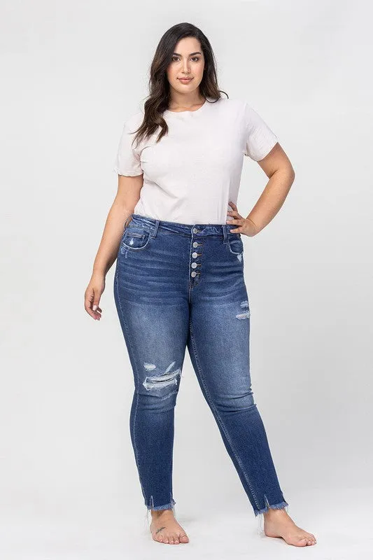 VERVET by Flying Monkey PLUS High Rise Patched Button Up Distressed Skinny Jeans