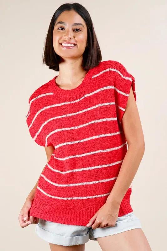 VERY J Striped Knit Sweater Vest Top