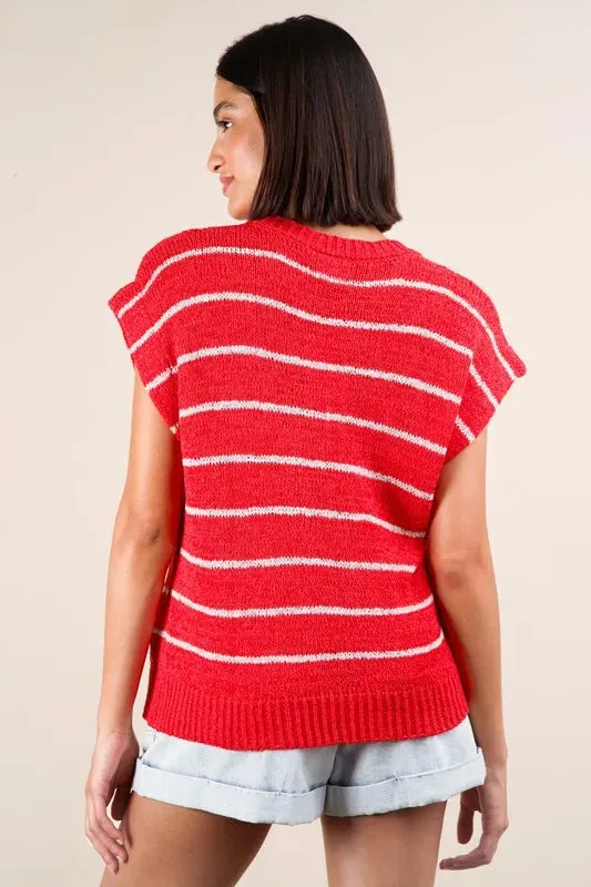 VERY J Striped Knit Sweater Vest Top