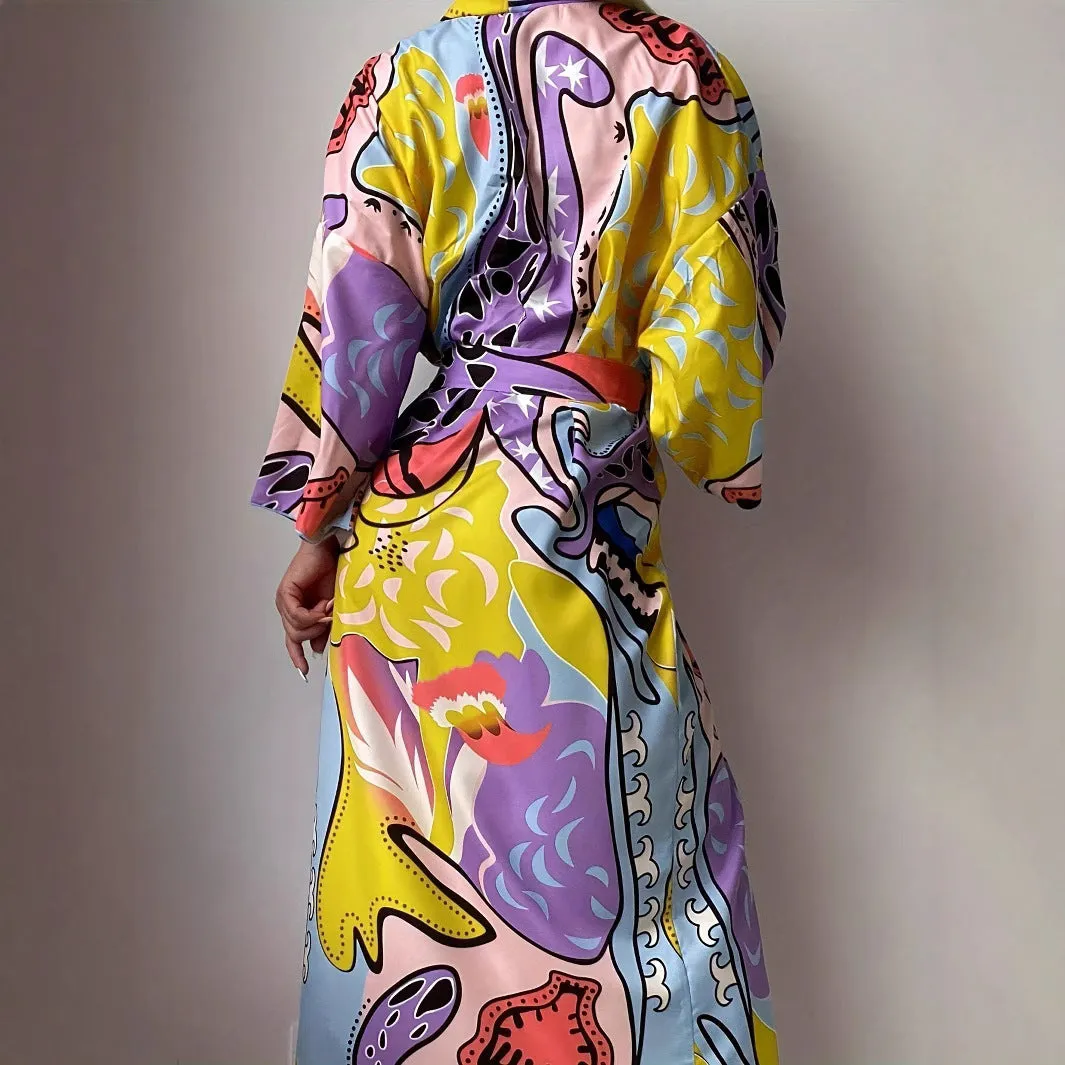 Vibrant Bohemian Print Long Kimono Beach Cover-Up with Waist Tie