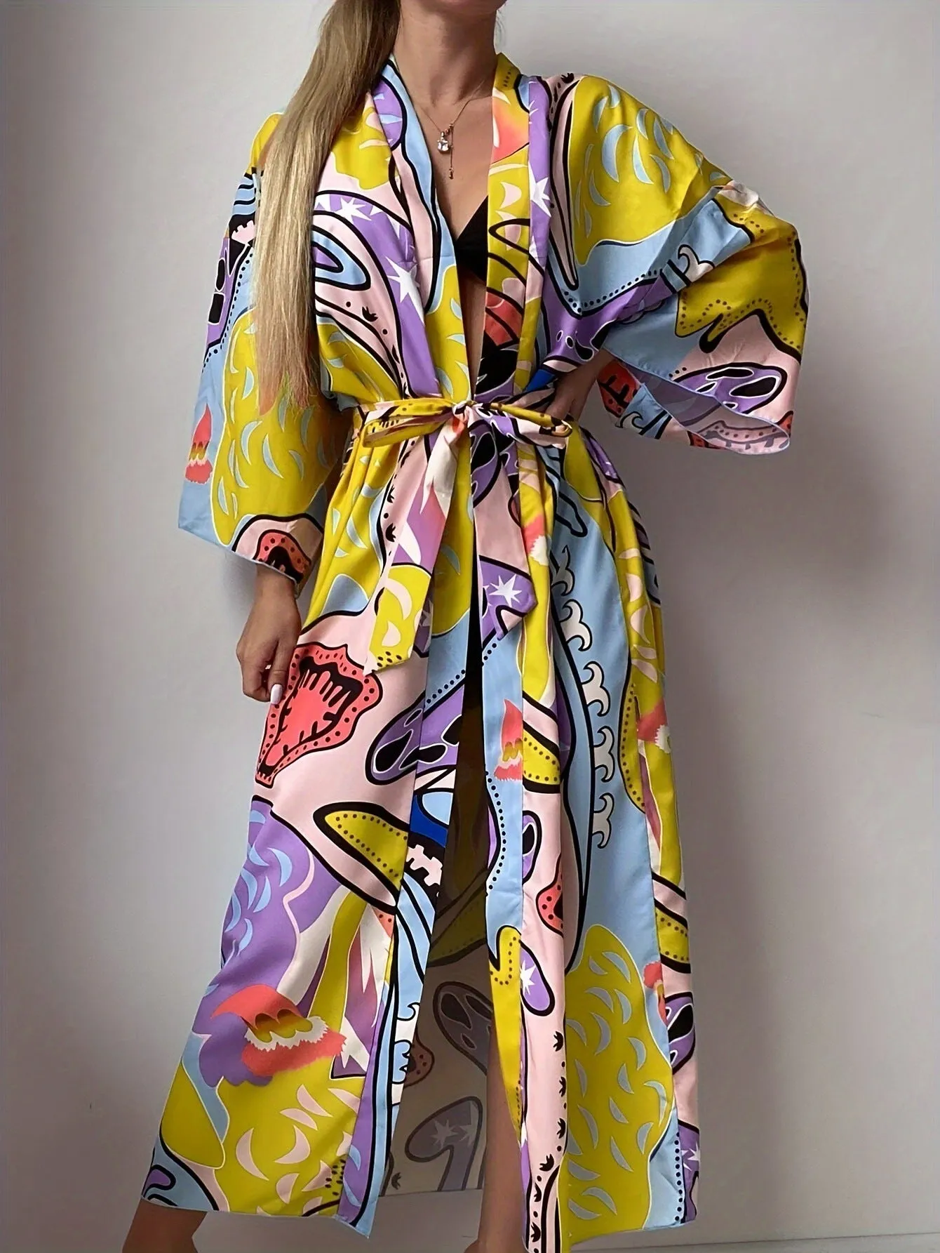 Vibrant Bohemian Print Long Kimono Beach Cover-Up with Waist Tie